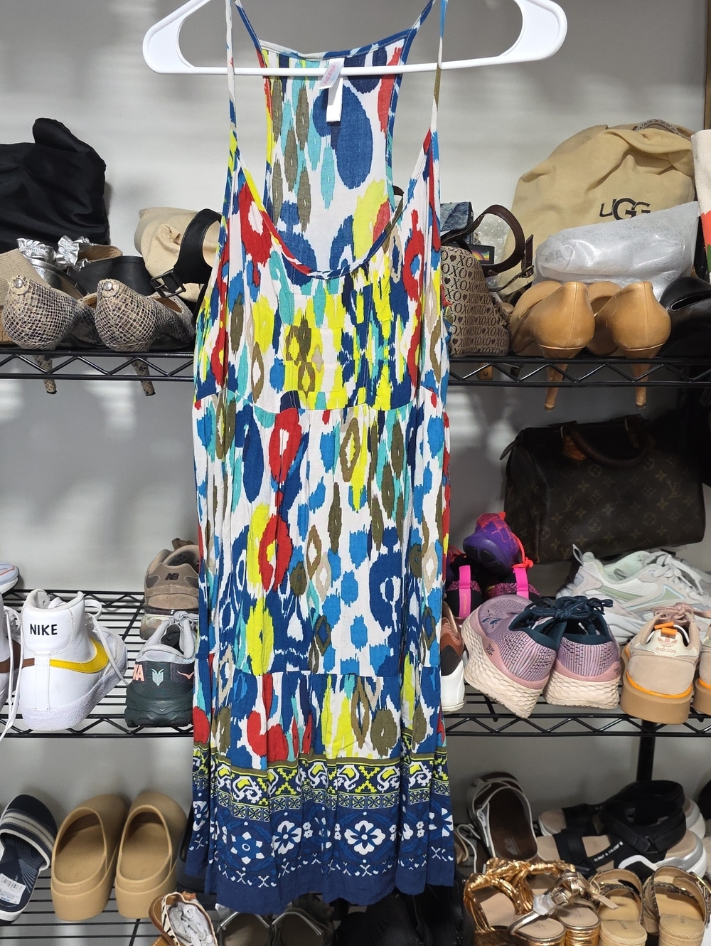 Xhilaration Multicolor Ikat-Print Sleeveless Maxi Dress - White/Blue/Yellow/Red